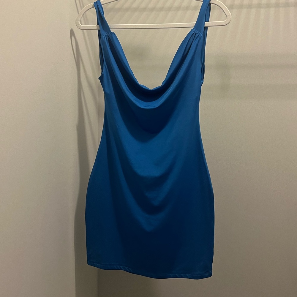 Cowl neck open back royal blue mini dress